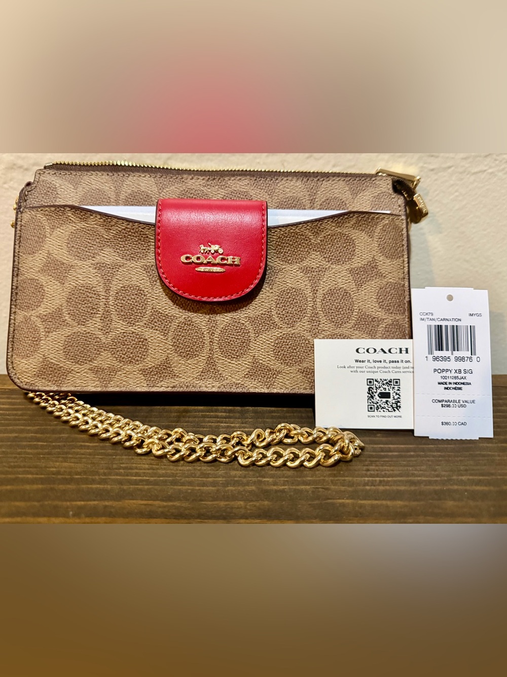 Coach Beige/Red Signature Coated Canvas and Leather Poppy Crossbody Clutch Bag